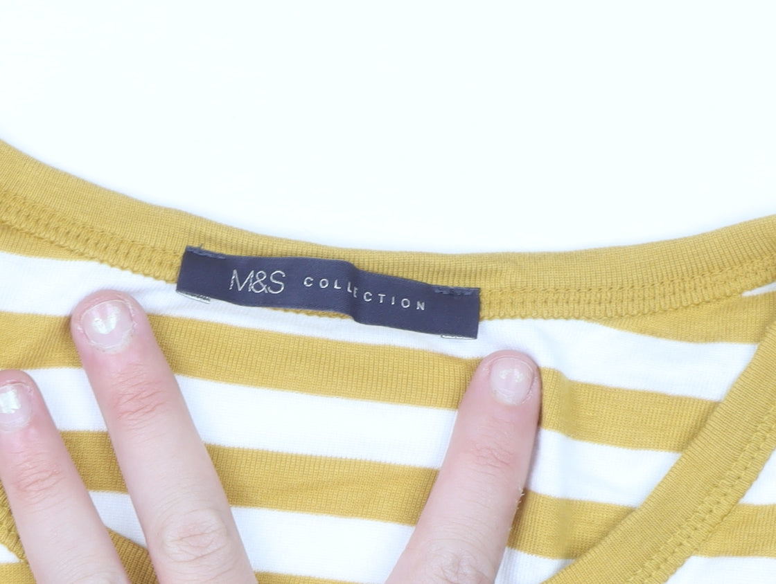 Marks and Spencer Women Yellow White Striped Cotton Long Sleeve T-Shirt UK 12