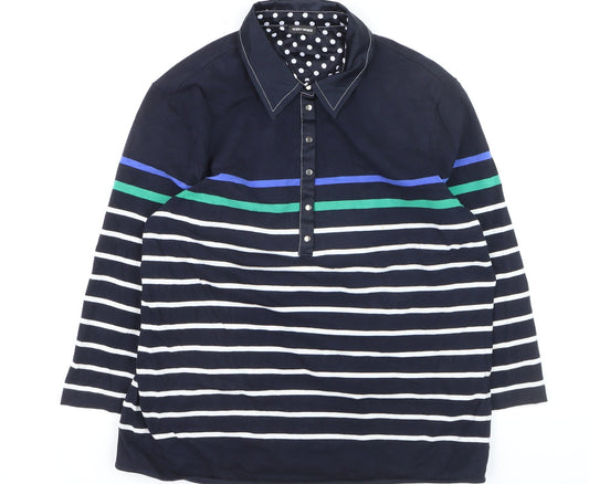 Gerry Weber Women's Blue Striped Polo Shirt Size 16 Cotton 3/4 Sleeve