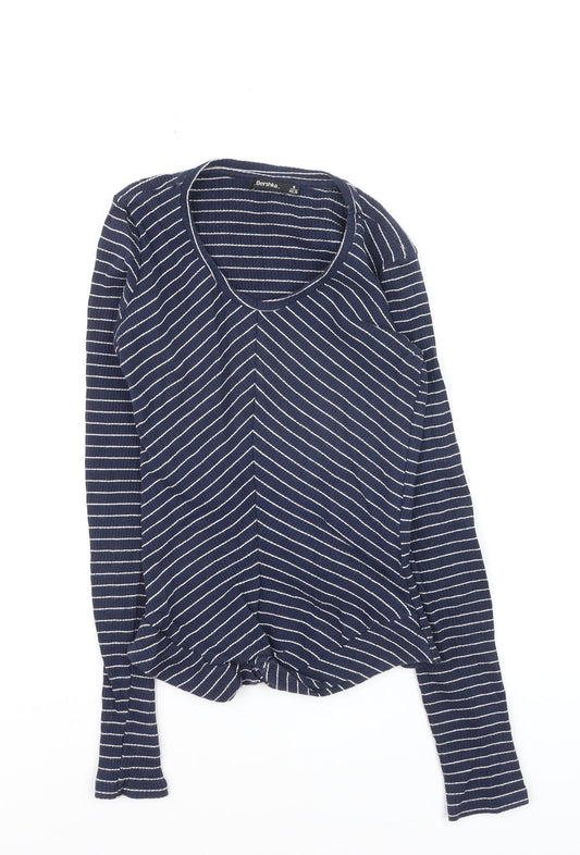 Bershka Women's Blue Striped V-Neck Long Sleeve T-Shirt M