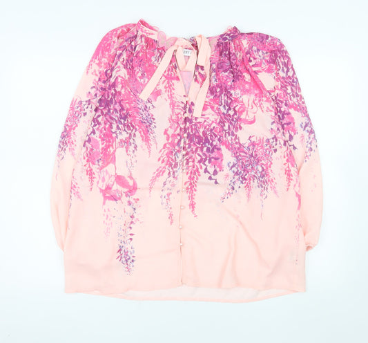Additional front view of Gallery women’s pink floral chiffon tunic blouse, size UK 16
