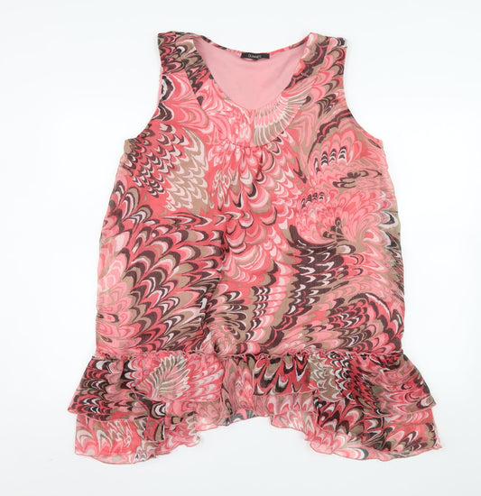 Additional front view of Dunnes women’s pink geometric chiffon ruffle tunic blouse, size UK 16
