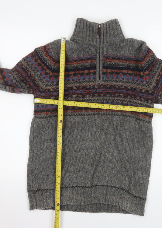 White Stuff Mens Grey Fair Isle Half Zip Wool Jumper Medium