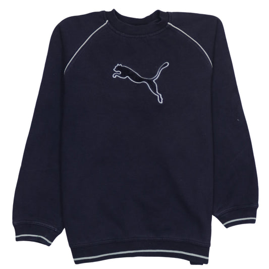Additional front view of Puma women’s navy blue crew neck pullover sweatshirt, size UK 16, logo casual