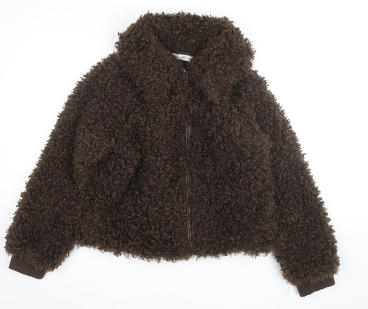 Additional front view of Gallery women’s brown faux fur short bomber jacket, size UK 10