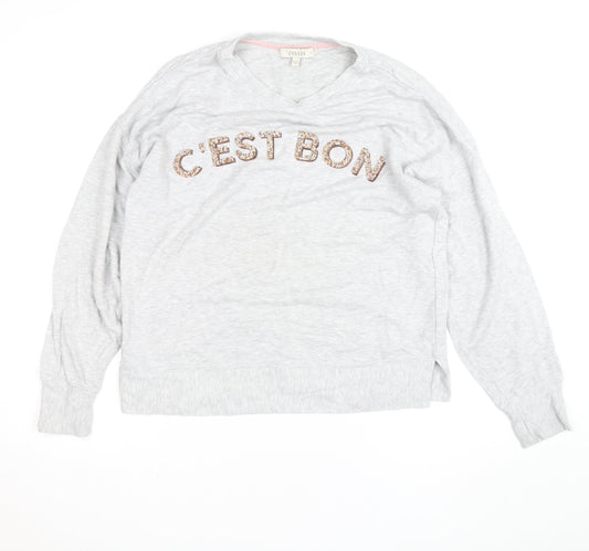 Additional front view of Oasis unisex grey embroidered sequin c'est bon v-neck sweatshirt m