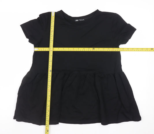 Zara Women Black Peplum Short Sleeve Tunic Top Size 8 Viscose Blend