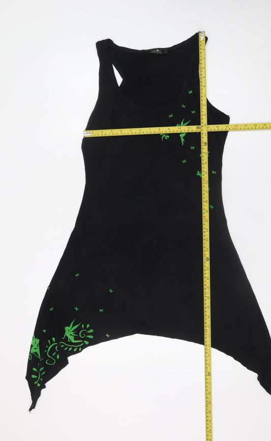 3Elfen Women’s Black Asymmetric Fairy Print Sleeveless Dress L