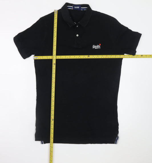 Superdry Men's Black Slim Fit Polo Shirt Size S Cotton Embroidered Logo