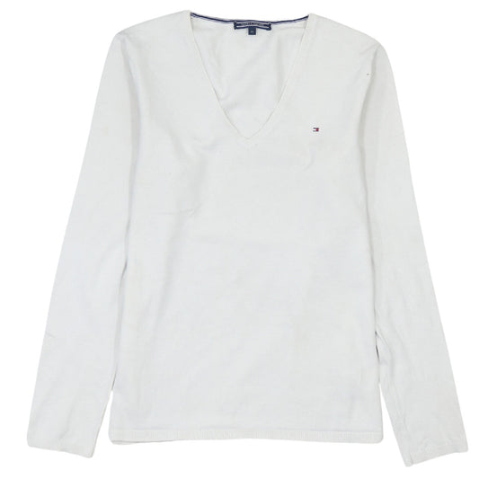 Tommy Hilfiger Women White Cotton V-Neck Long Sleeve Jumper M