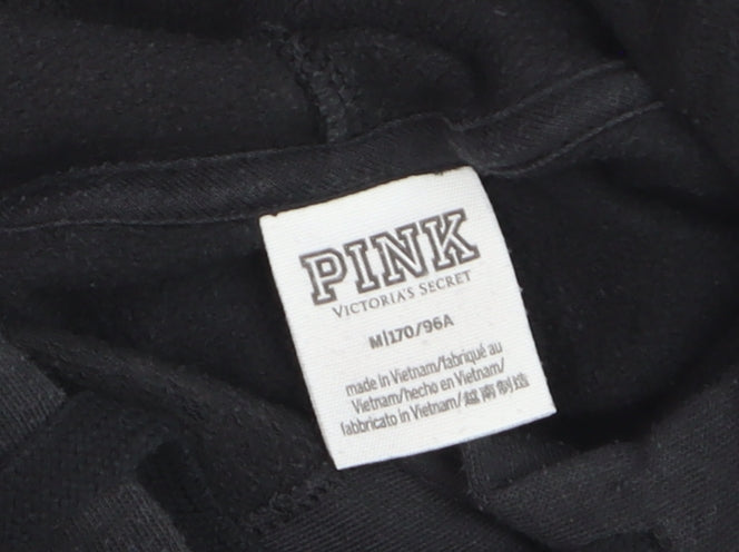 Brand and care label for Victoria’s Secret PINK unisex black pullover hoodie m logo fleece
