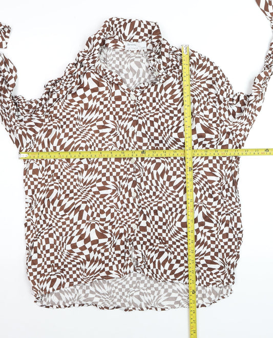 Bershka Women’s Brown Geometric Long Sleeve Button-Up Shirt Size 12
