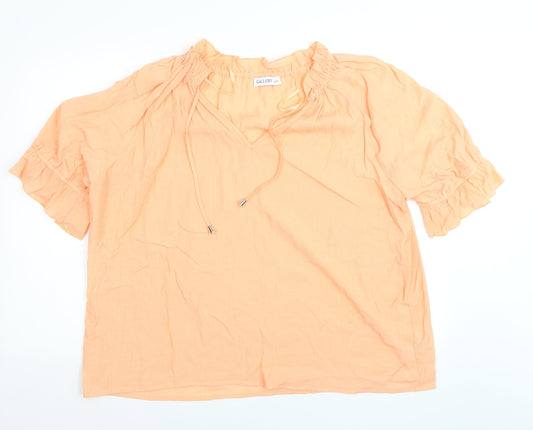 Additional front view of Gallery Women’s Orange Tunic Blouse XL Cotton V-Neck Ruffle Sleeve