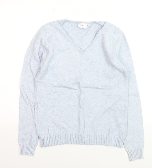 Vila Women Blue V-Neck Long Sleeve Knit Jumper Size 12