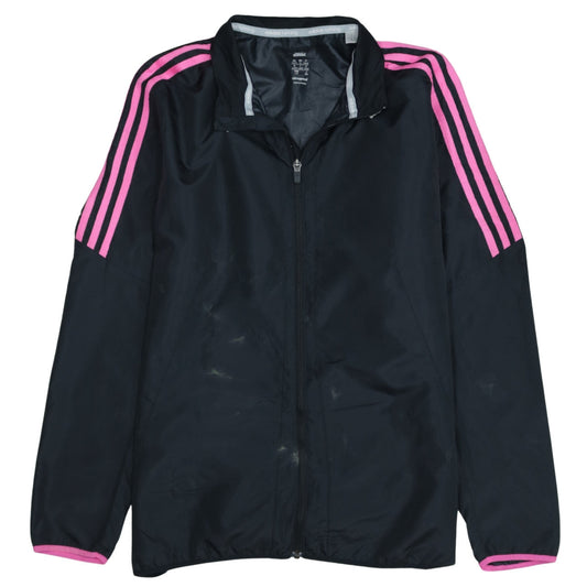 Additional front view of Adidas women’s black pink stripe climaproof full zip windbreaker jacket l