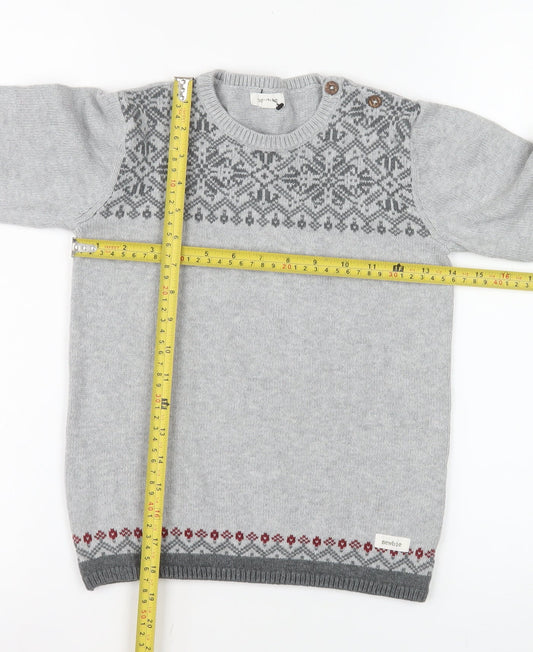 Newbie Girls Grey Fair Isle Cotton Jumper 7 Years Long Sleeve Crew Neck