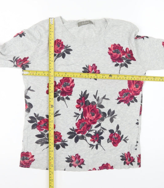 Oasis Women’s Grey Floral Cotton Crew Neck Pullover Jumper Size S