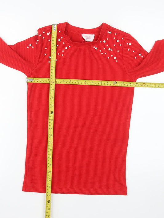 Savida Women Red Beaded Long Sleeve Pullover Jumper XS