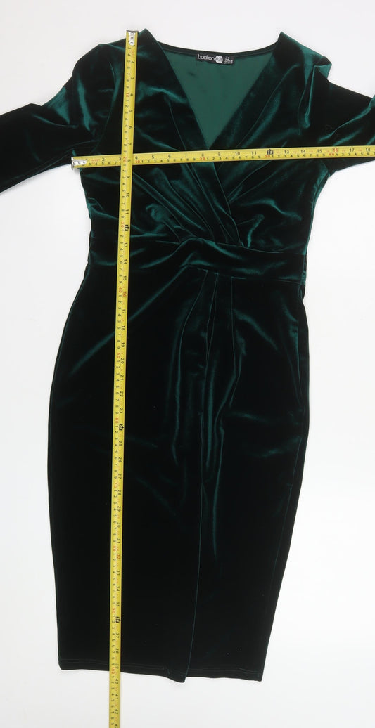 Boohoo Women Green Velvet Bodycon Knee Length Party Dress UK 10