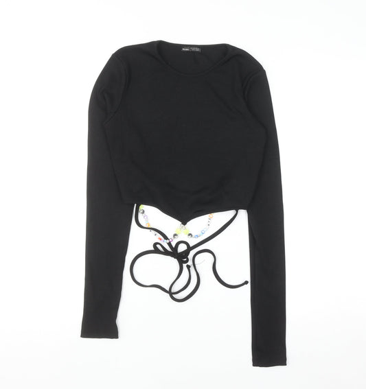 Bershka Women’s Black Cropped Long Sleeve Slim Fit Beaded Tie T-Shirt S
