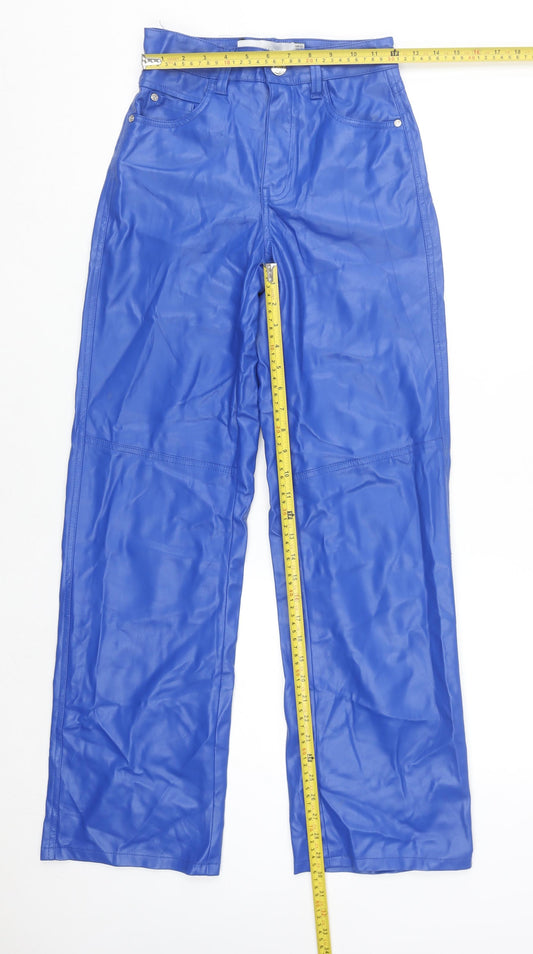 Bershka Women Blue Faux Leather Straight Leg Trousers XS