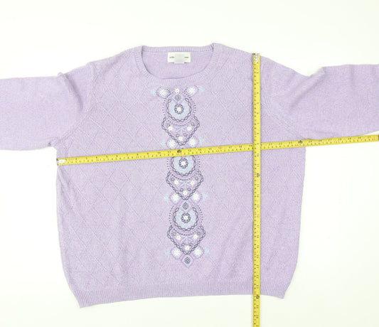 Alfred Dunner Womens Purple XL Crew Neck Embroidered Knit Jumper