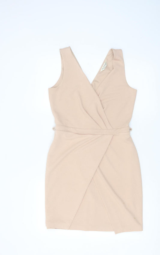 Additional front view of Miss Selfridge Women's Beige, size 10, Sleeveless Wrap Dress