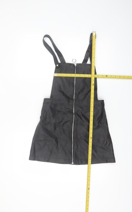 H&M Divided Women's Black PU Pinafore Dress Size 8 Petite Zip Front