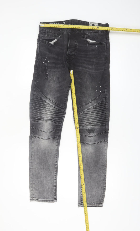Denim Co Men's Black Skinny Biker Jeans W32 L30 Distressed