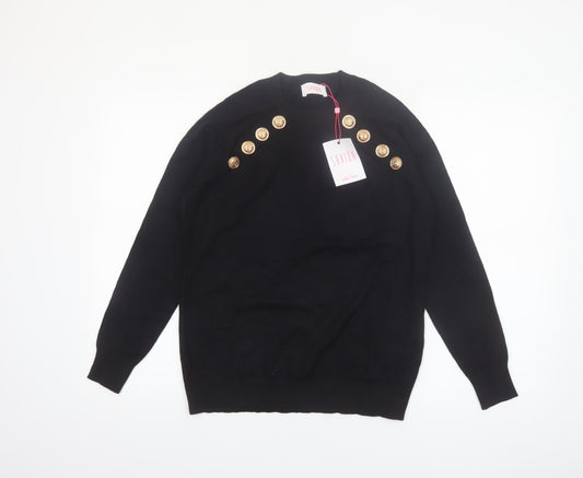 Savida Women's Black Button Detail Crew Neck Jumper Size 14