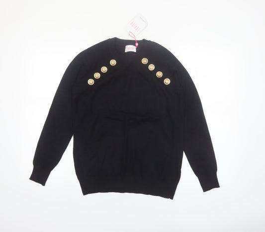 Savida Women Black Button Shoulder Crew Neck Pullover Jumper Size 14
