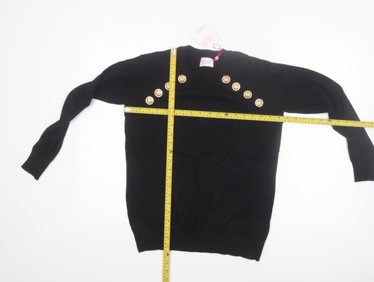 Savida Women Black Button Shoulder Crew Neck Pullover Jumper Size 14
