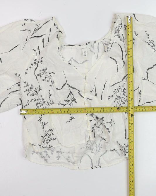H&M Women’s White Floral Linen Blend Cropped Puff Sleeve Blouse Size 8