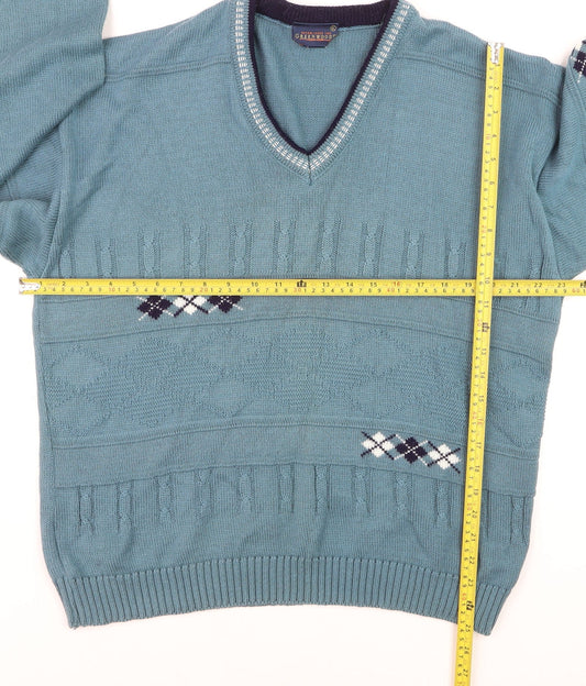 Greenwoods Men’s Blue Argyle Knit V-Neck Pullover Jumper XL