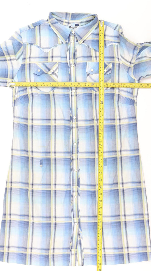 Oasis Women Blue Plaid Button-Up Tunic Shirt Size 12