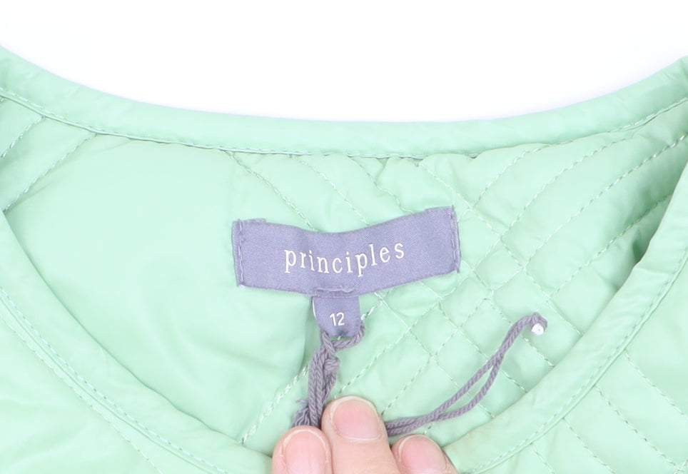 Brand and care label for Principles Women's Green Quilted Long Coat, size 12