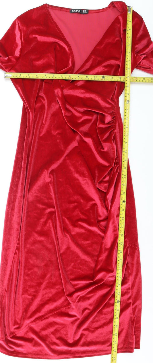 Boohoo Womens Red Velvet Ruched Wrap Dress Size 16 Long Sleeve Party