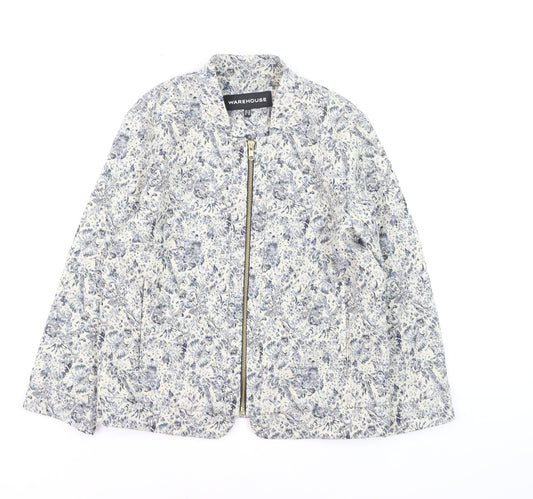 Warehouse Women’s Blue Floral Zip Bomber Jacket Size 10