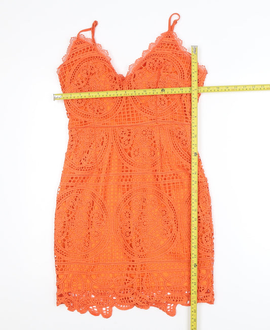 PrettyLittleThing Women Orange Lace Bodycon Short Dress Size M