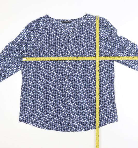 Dunnes Women Blue Geometric Long Sleeve V-Neck Blouse Size 12
