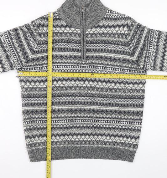 Dunnes Stores Men's Grey Fair Isle 1/2 Zip Wool Blend Jumper Size S