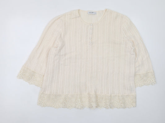 Additional front view of Gallery Women’s Ivory Crochet Trim Blouse UK XL 3/4 Sleeve Tunic