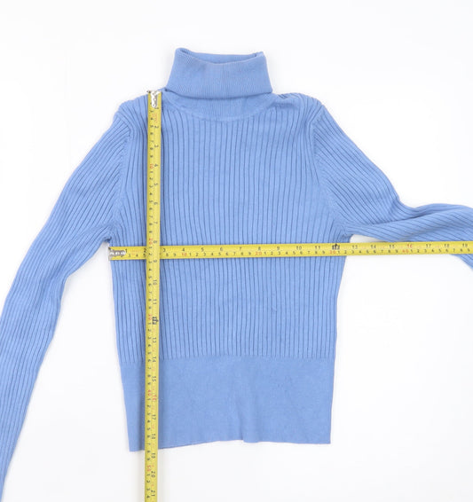 ZARA Women Blue Roll Neck Ribbed Knit Top Size 12 Slim Fit