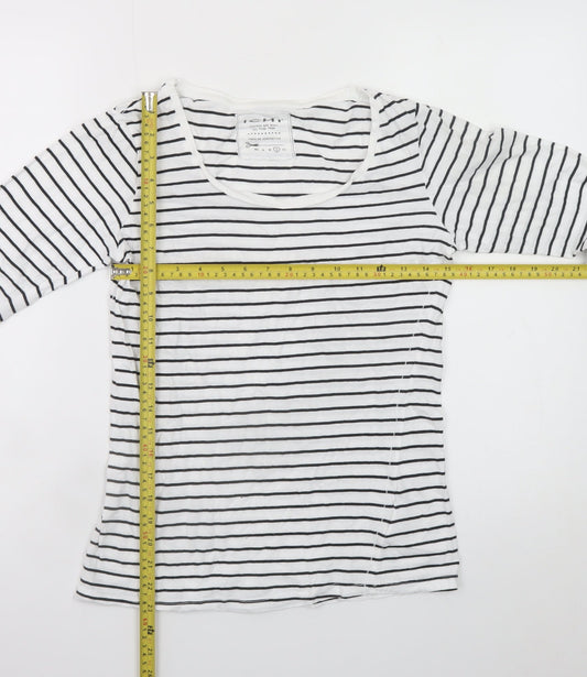 ICHI Women’s White Black Striped Long Sleeve Cotton T-Shirt L