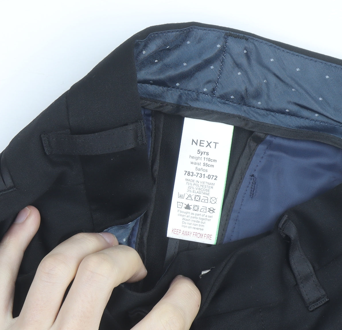 Brand and care label for Next boys’ black 5 years slim fit trouser suit trousers formal wear
