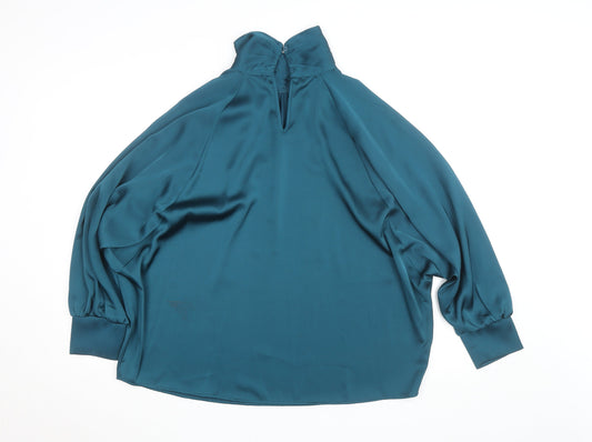 Additional front view of Gallery Women's Blue Satin High Neck Long Sleeve Tunic Blouse, size 10