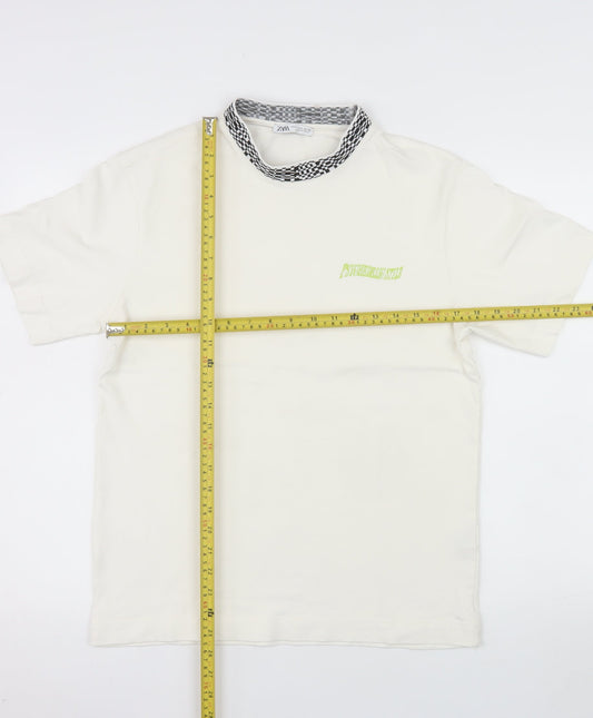 Zara Men's White Short Sleeve Crew Neck Cotton T-Shirt S Checker Collar