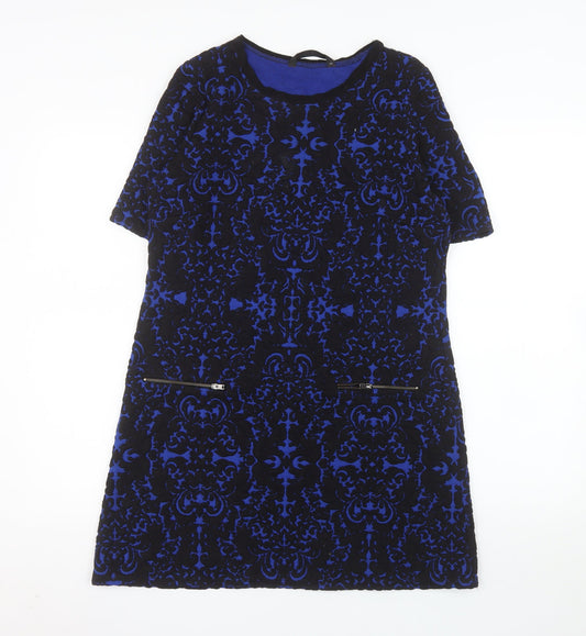 Additional front view of Dunnes Women Blue Black Shift Dress, size 12, Short Sleeve Zip Detail