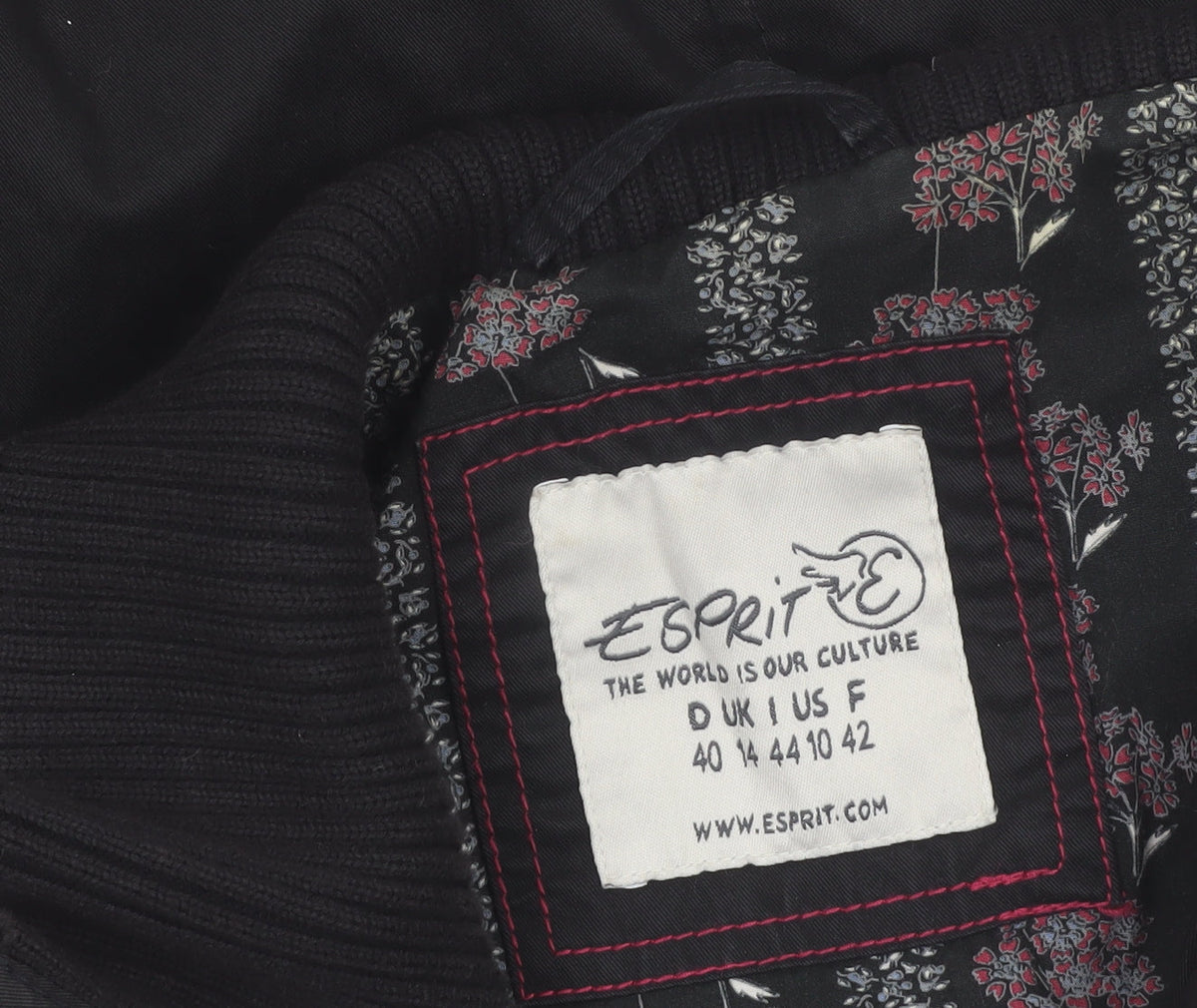 Brand and care label for ESPRIT Women's Black Military Style Cotton Blend Jacket, size 14