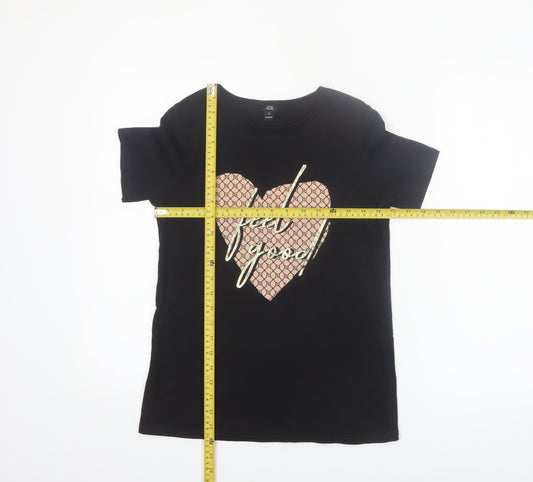 River Island Womens Black Feel Good Heart Graphic Cotton T-Shirt Size S