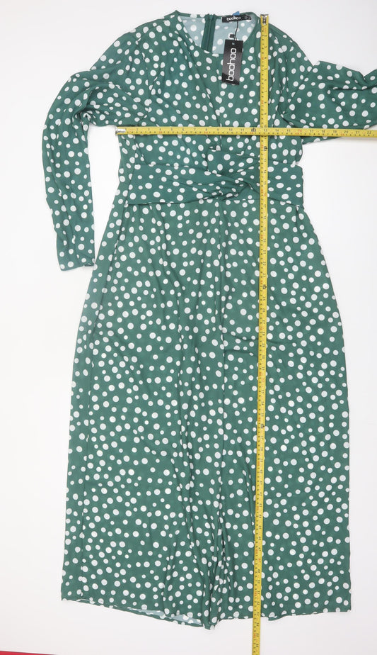 Boohoo Women's Green Polka Dot Long Sleeve Jumpsuit Size 14